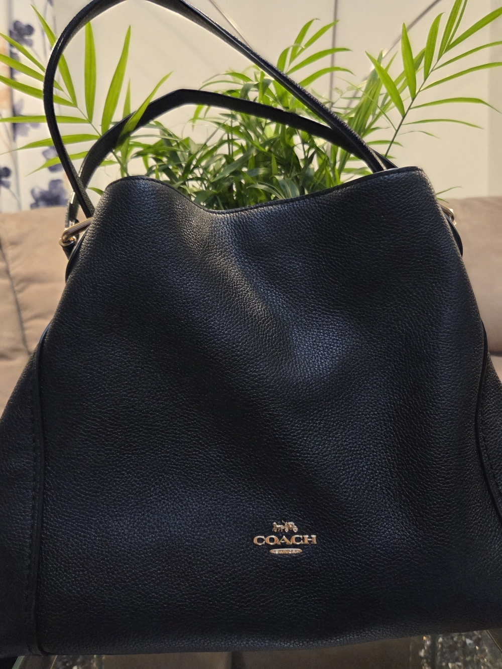 Coach Black Edie Pebbled Leather Bucket Shoulder Bag with Gold Logo